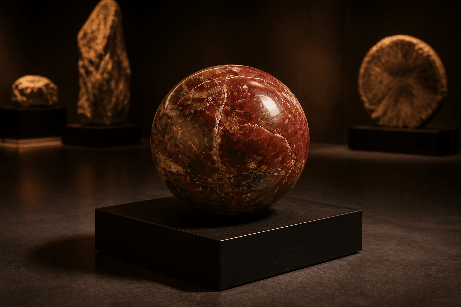 Visualisation éditoriale d'une sphère polie en bois pétrifié bordeaux veiné de crème