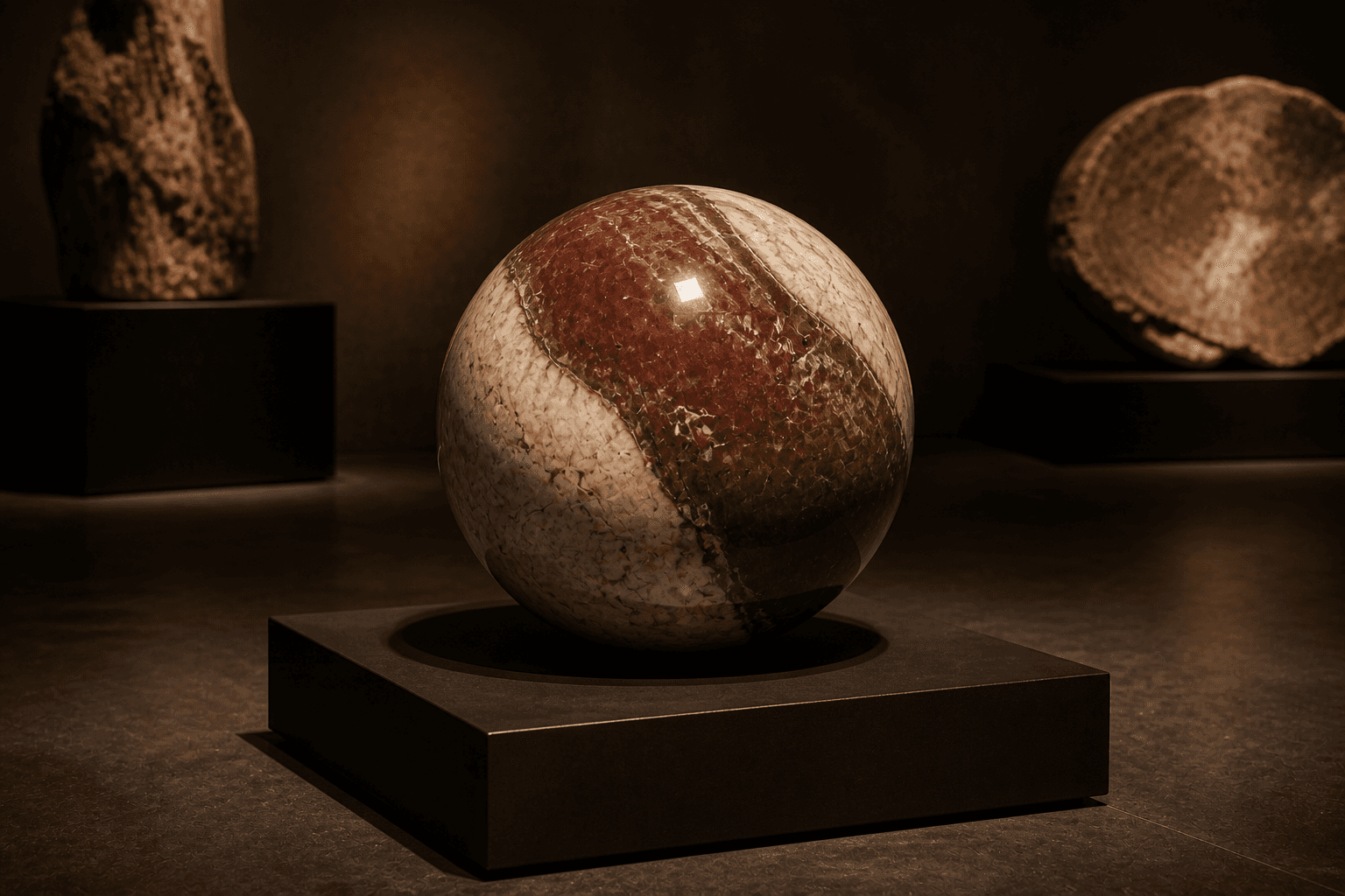 Visualisation éditoriale d'une sphère polie crème et rouge brique fortement contrastées