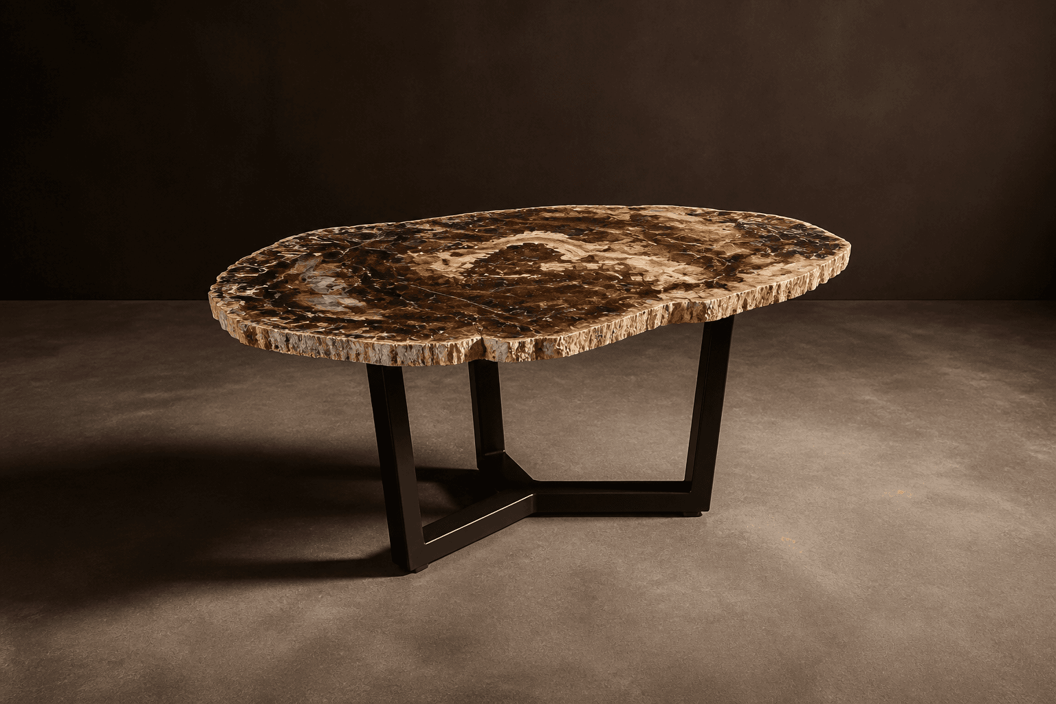 Visualisation éditoriale d'une table basse brun et rouille sur piètement noir