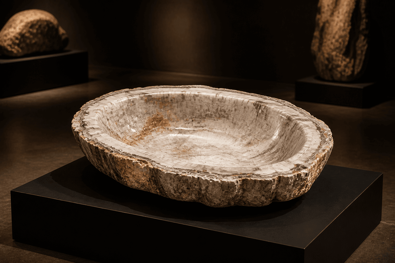 Visualisation éditoriale d'une vasque ovale en bois pétrifié gris taupe et ivoire