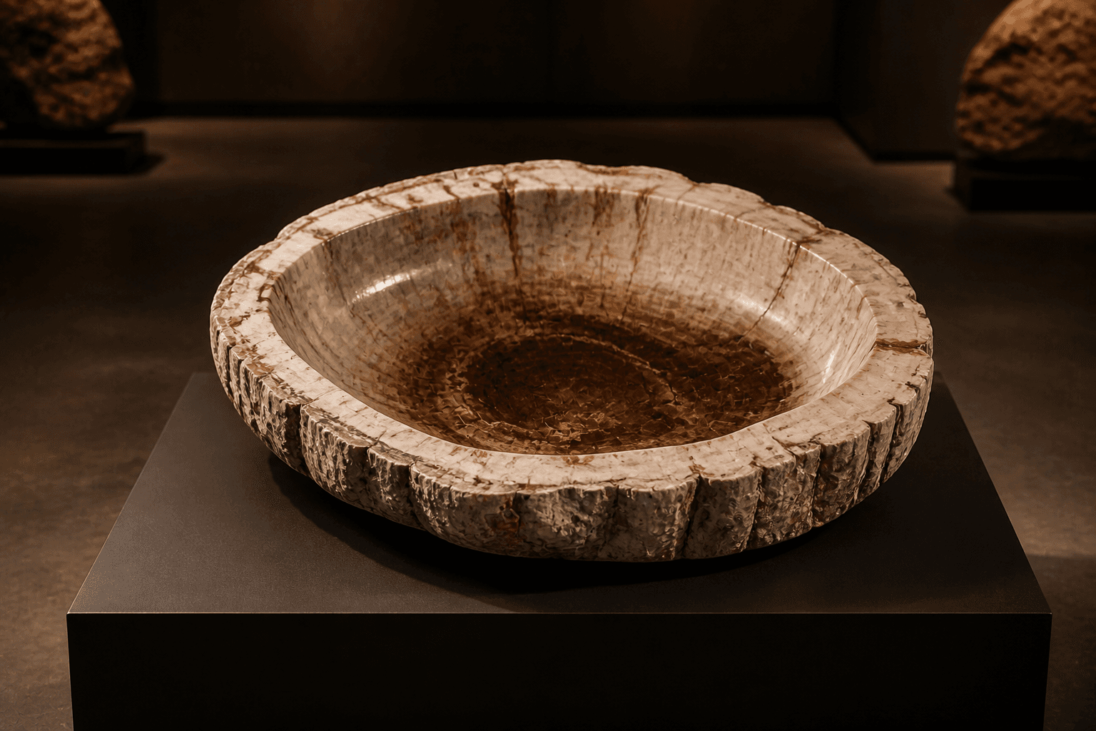 Visualisation éditoriale d'une vasque crème veinée de rouille au cœur brun