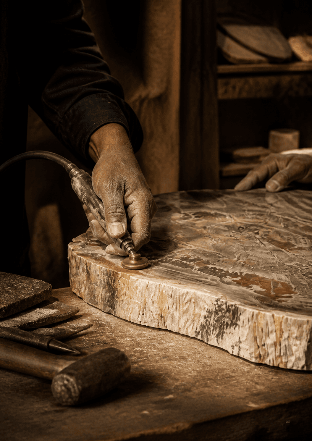 Visualisation d'un atelier où une table en bois pétrifié est polie