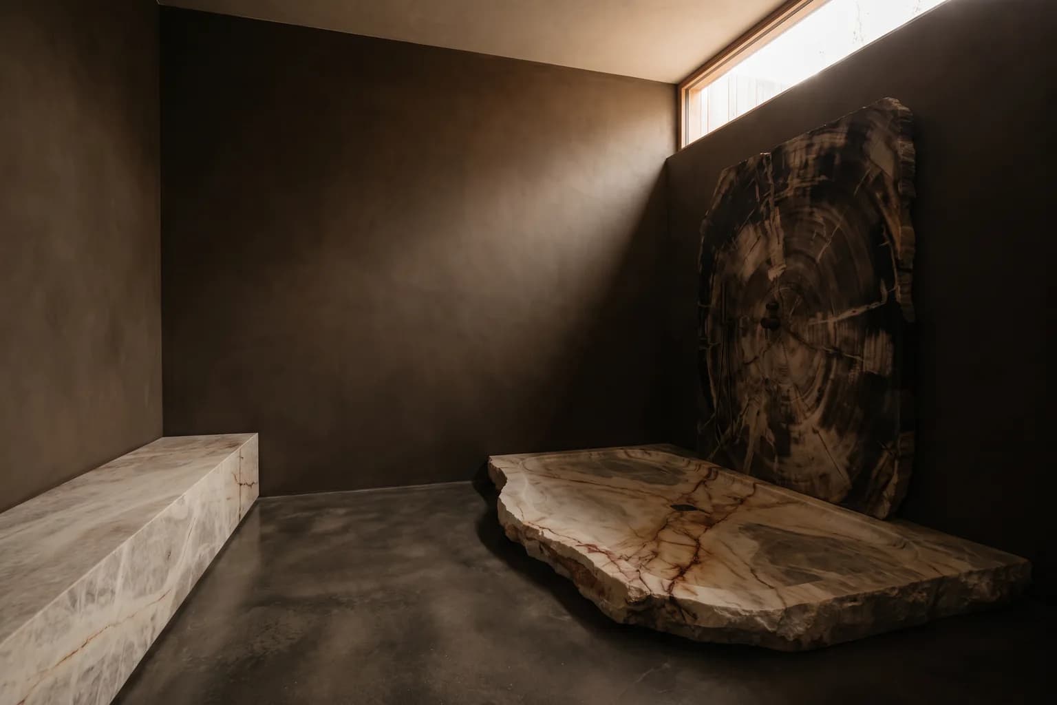 Visualisation éditoriale d'une salle d'eau sombre, receveur sculpté en pierre claire devant une paroi de bois pétrifié