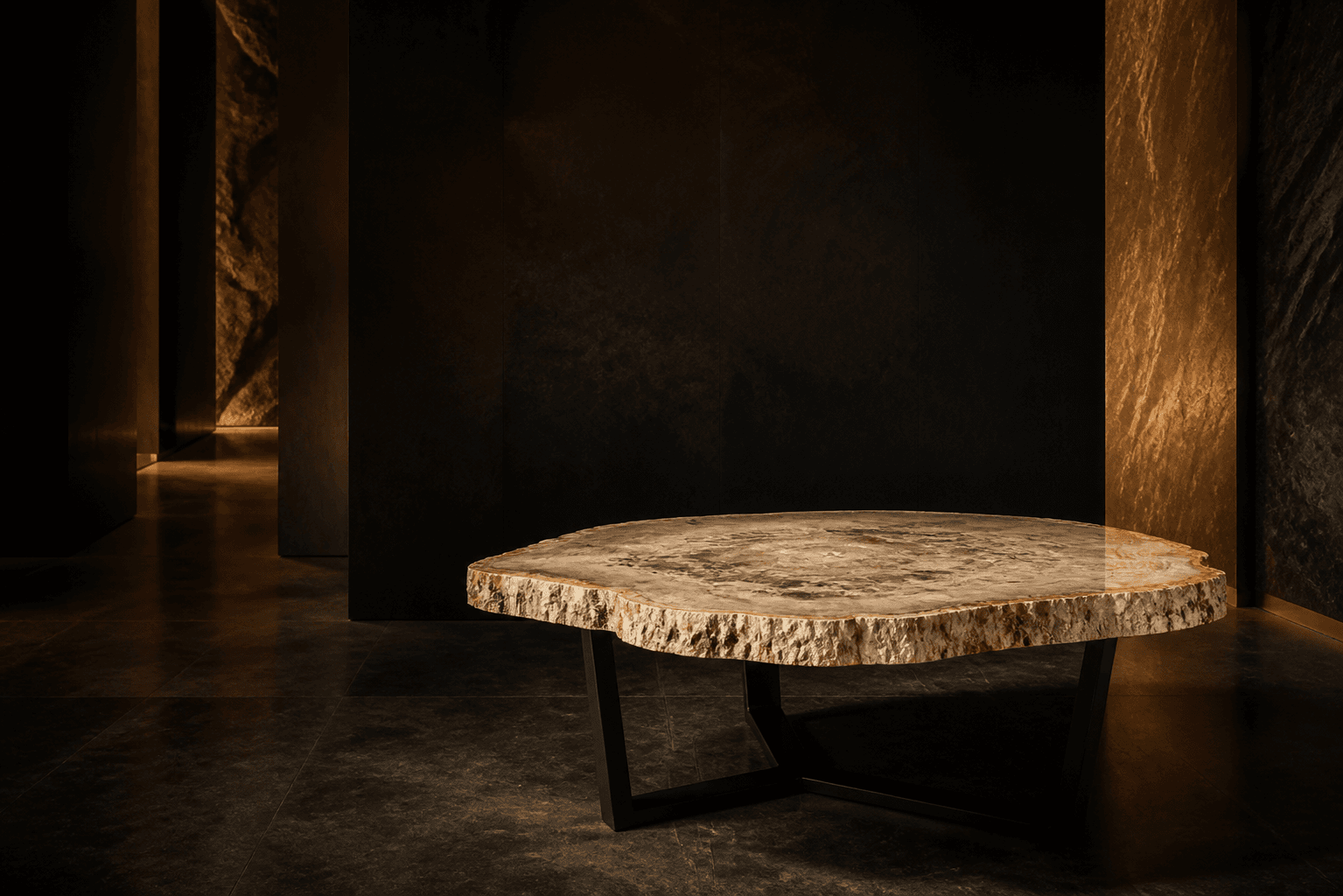 Visualisation éditoriale d'une table monumentale en bois pétrifié dans une galerie sombre