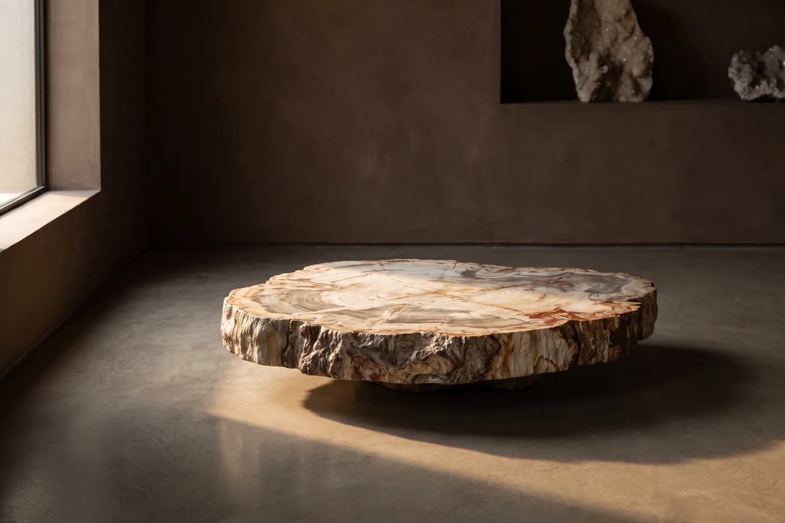 Visualisation éditoriale d'une table en bois pétrifié dans un intérieur sombre traversé d'une lumière rasante