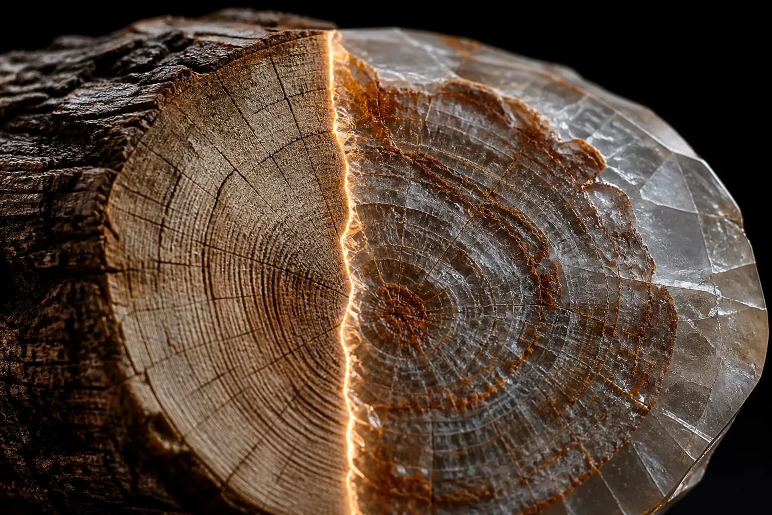 Visualisation éditoriale d'une tranche de tronc au moment de sa métamorphose, mi-bois mi-minéral
