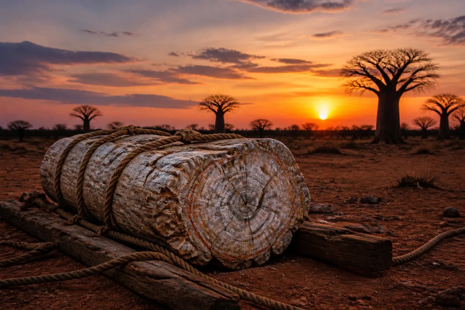 Visualisation éditoriale d'un tronc pétrifié sanglé sur des madriers au couchant, baobabs à l'horizon