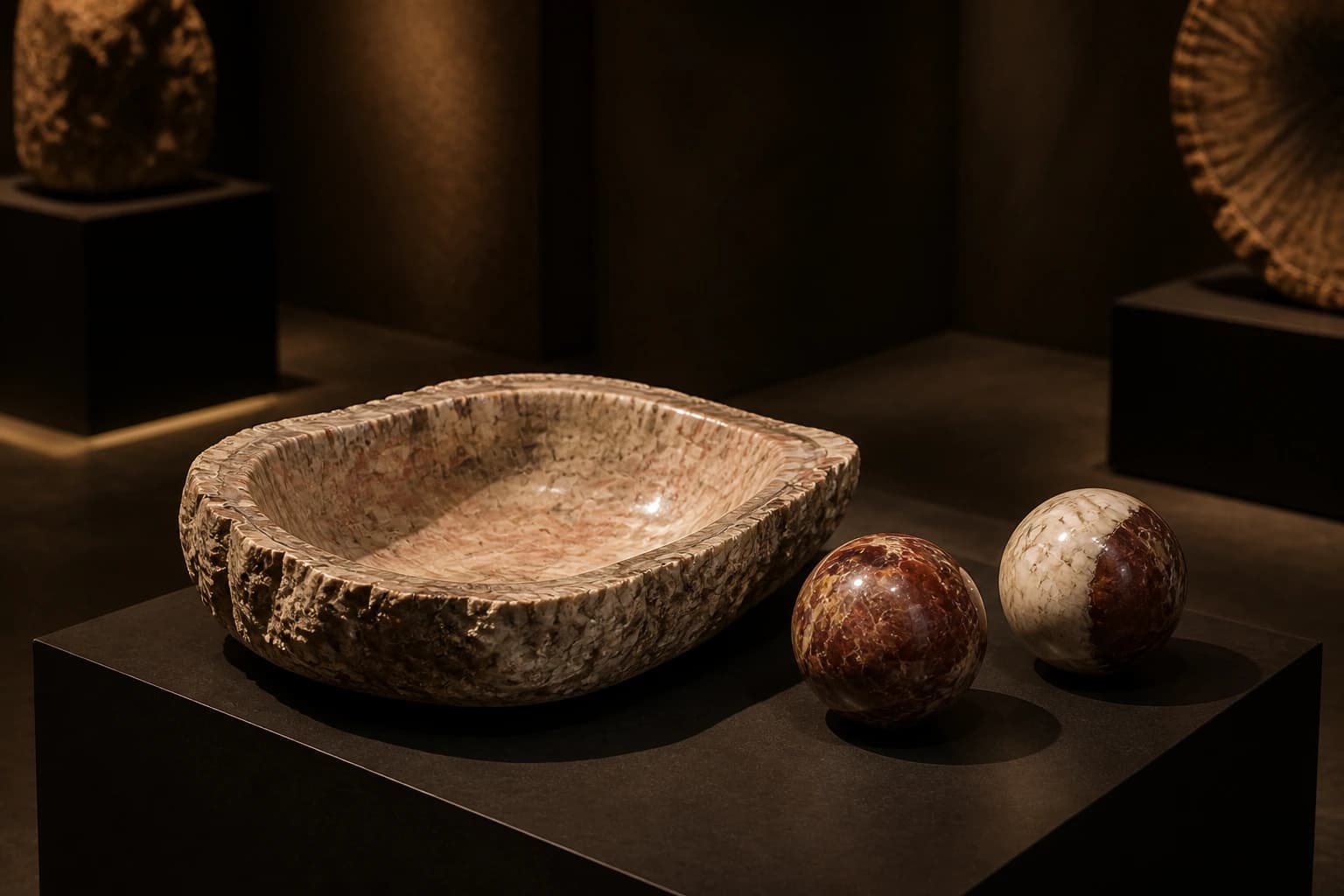 Visualisation éditoriale d'une vasque et de deux sphères en bois pétrifié groupées sous une lumière rasante